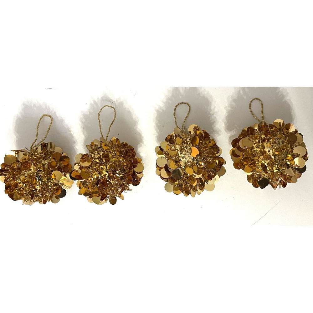 Vintage 4 Gold Beaded Sequin Ball Christmas Ornament Set